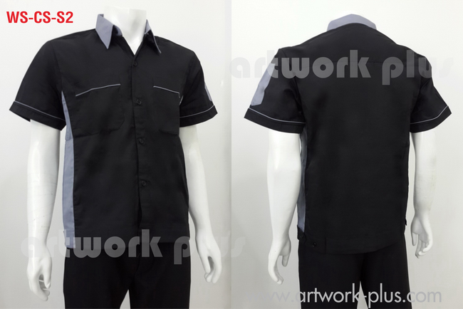 เสื้อช็อปสำเร็จรูป, แบบเสื้อพนักงาน, เสื้อพนักงานแขนสั้น, แบบเสื้อช็อป, ,เสื้อช่างโรงงาน, เสื้อพนักงานสีดำแต่งสีเทา,Workwear, Uniform, Work Shirt,WS-CS-S2